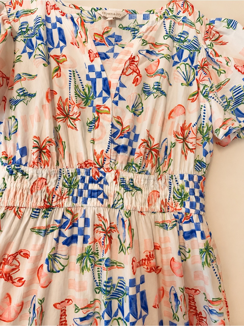 crown & ivy Cream Maxi Dress with Blue and Red Tropical Print - Picture 2 of 4